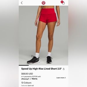 Lululemon Speed Up High Rise Lined shorts 2.5” Dark Red